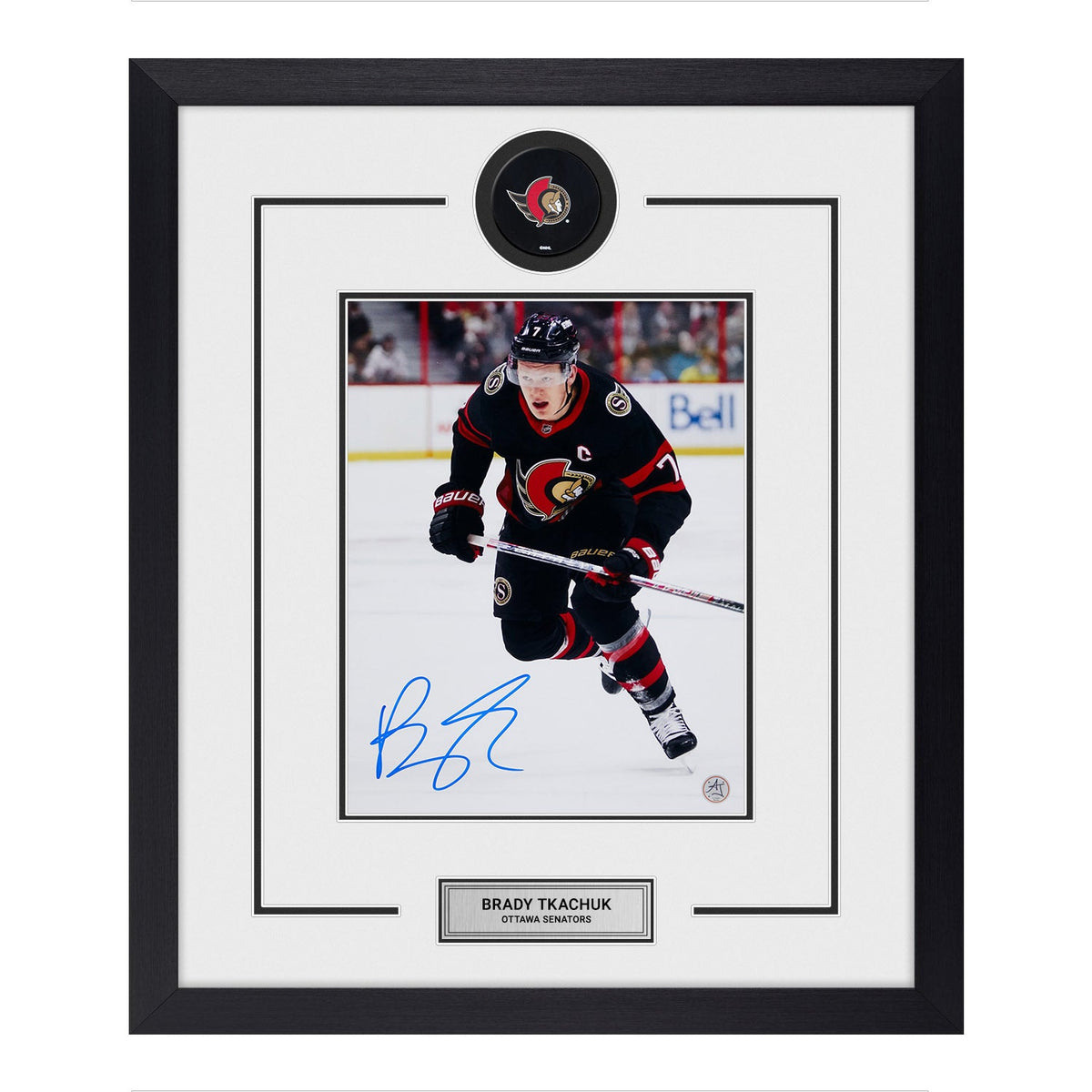 Brady Tkachuk Autographed Ottawa Senators Puck Logo 23x27 Frame product image 1, provided for visual reference and product