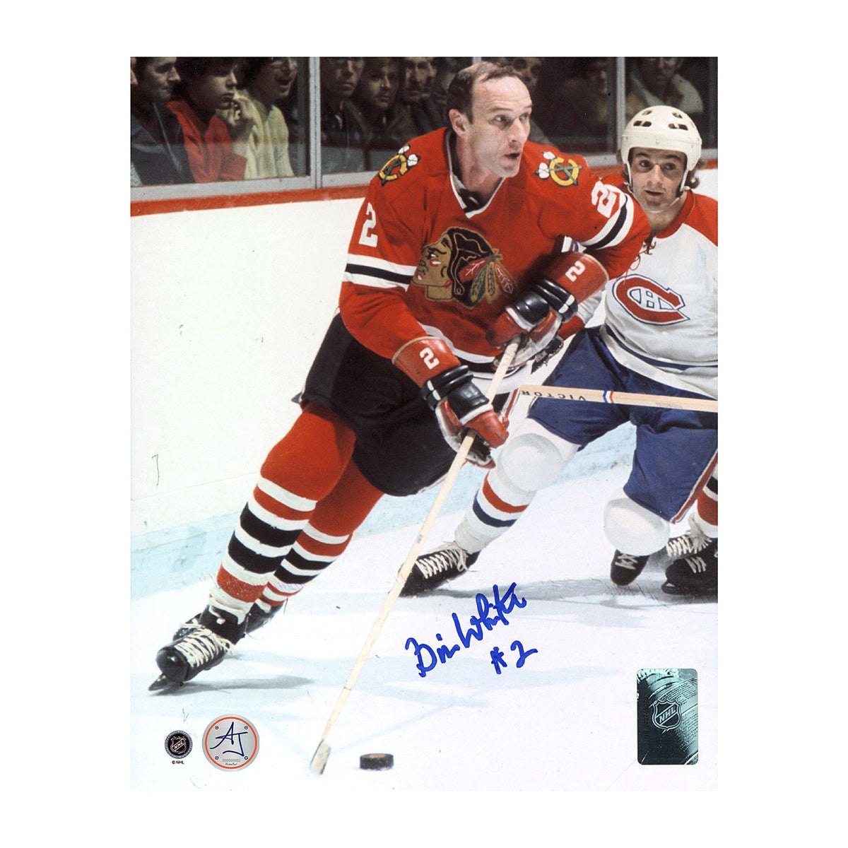 Bill White Autographed Chicago Blackhawks Puck Rush 8x10 Photo product image 1, provided for visual reference and product