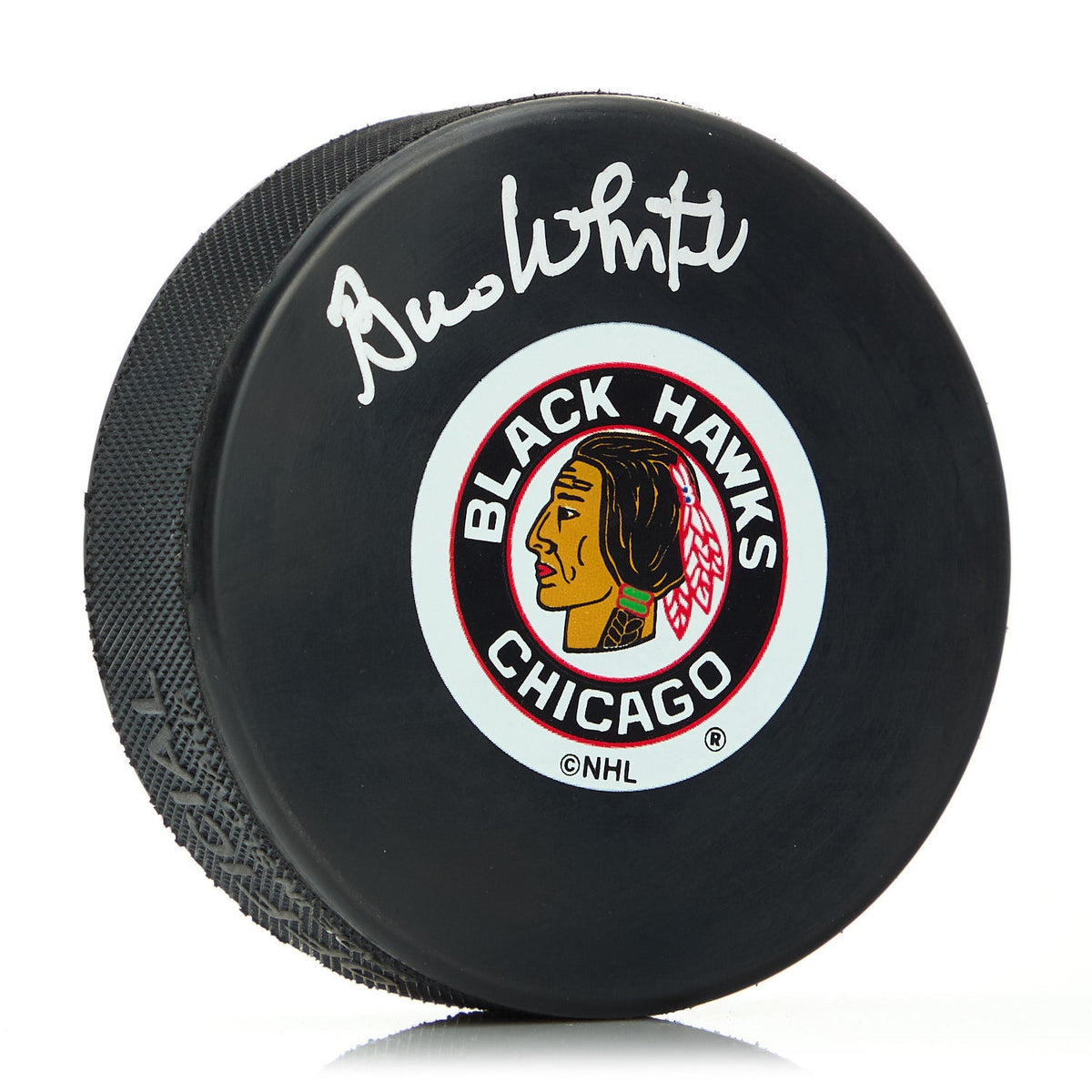 Bill White Chicago Blackhawks Autographed Original Six Logo Hockey Puck product image 1, provided for visual reference and