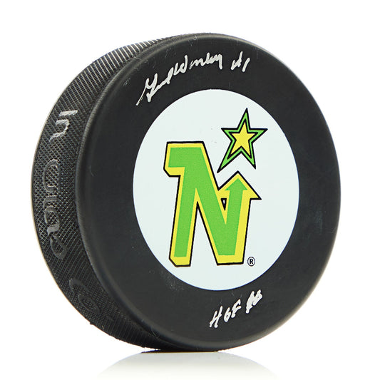 Gump Worsley Signed Minnesota North Stars Hockey Puck with HOF Note product image 1, provided for visual reference and