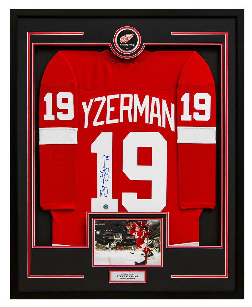 Steve Yzerman Signed Detroit Red Wings Puck Logo 36x44 Jersey Frame product image 1, provided for visual reference and