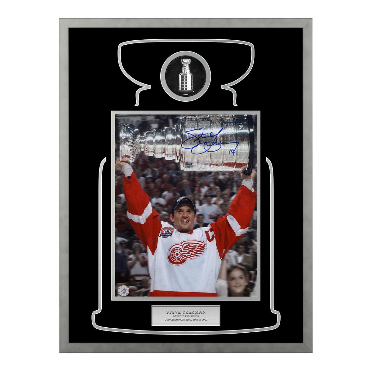 Steve Yzerman Autographed Detroit Red Wings Cup Champion 23x27 Frame product image 1, provided for visual reference and