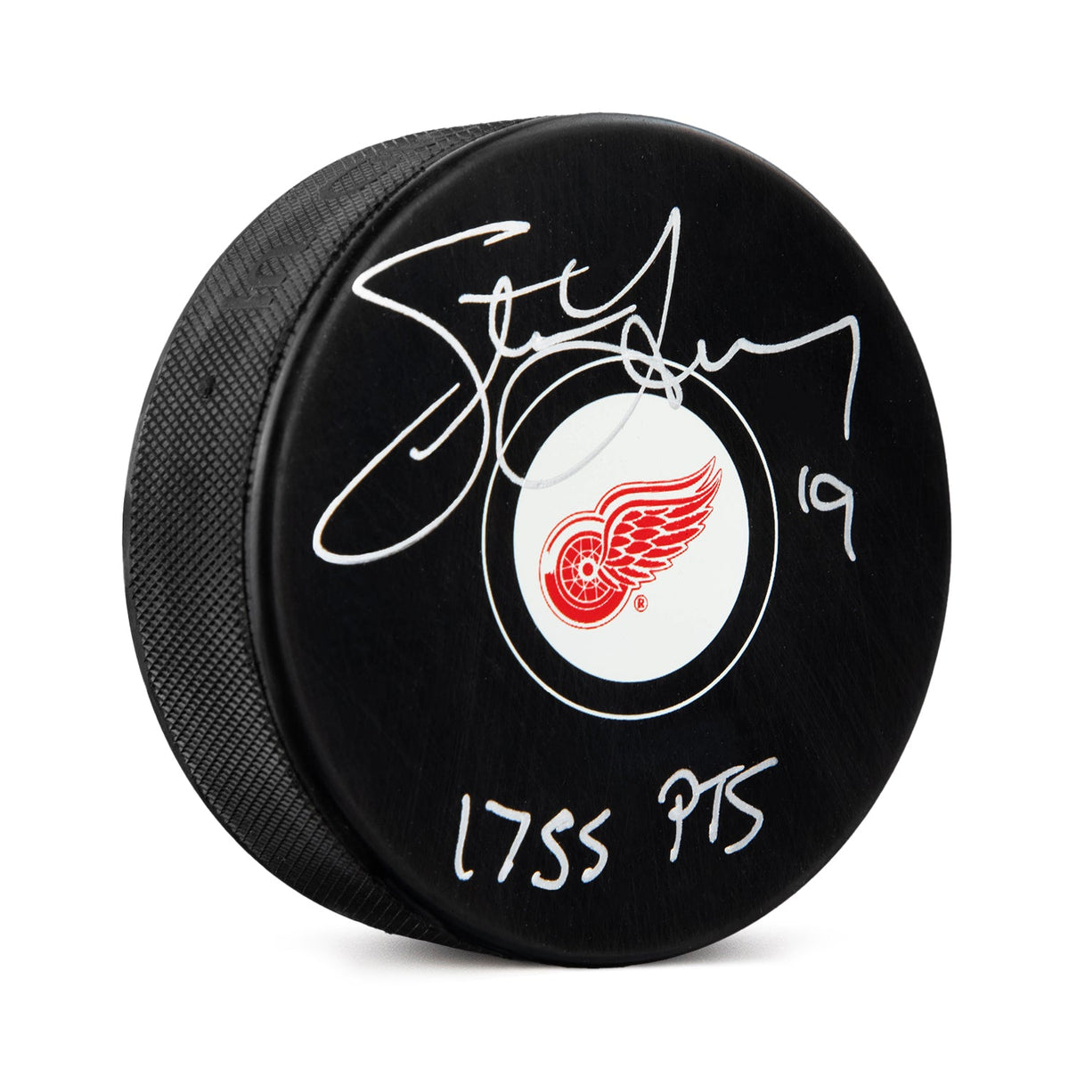 Steve Yzerman Signed Detroit Red Wings Hockey Puck with Points Note product image 1, provided for visual reference and